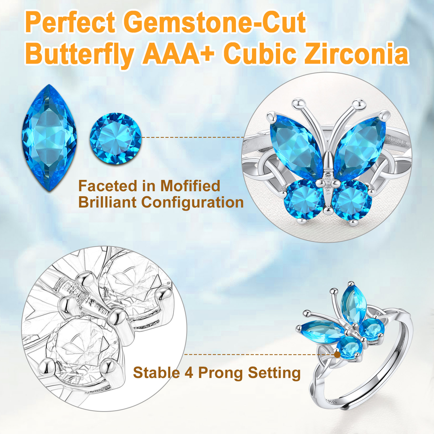 925 Sterling Silver Birthstone Butterfly Ring for Women