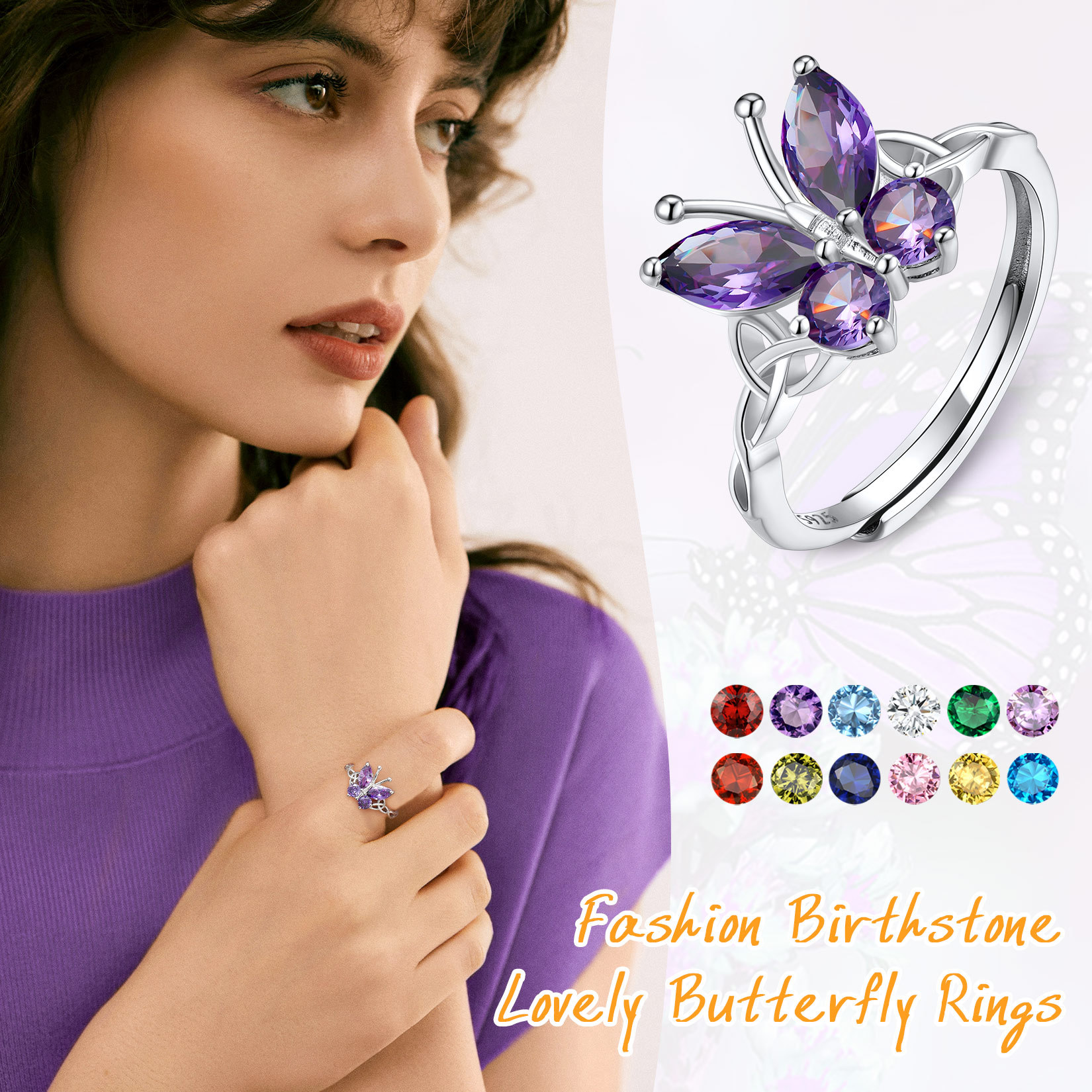 925 Silver Birthstone Butterfly Adjustable Ring for Women model show