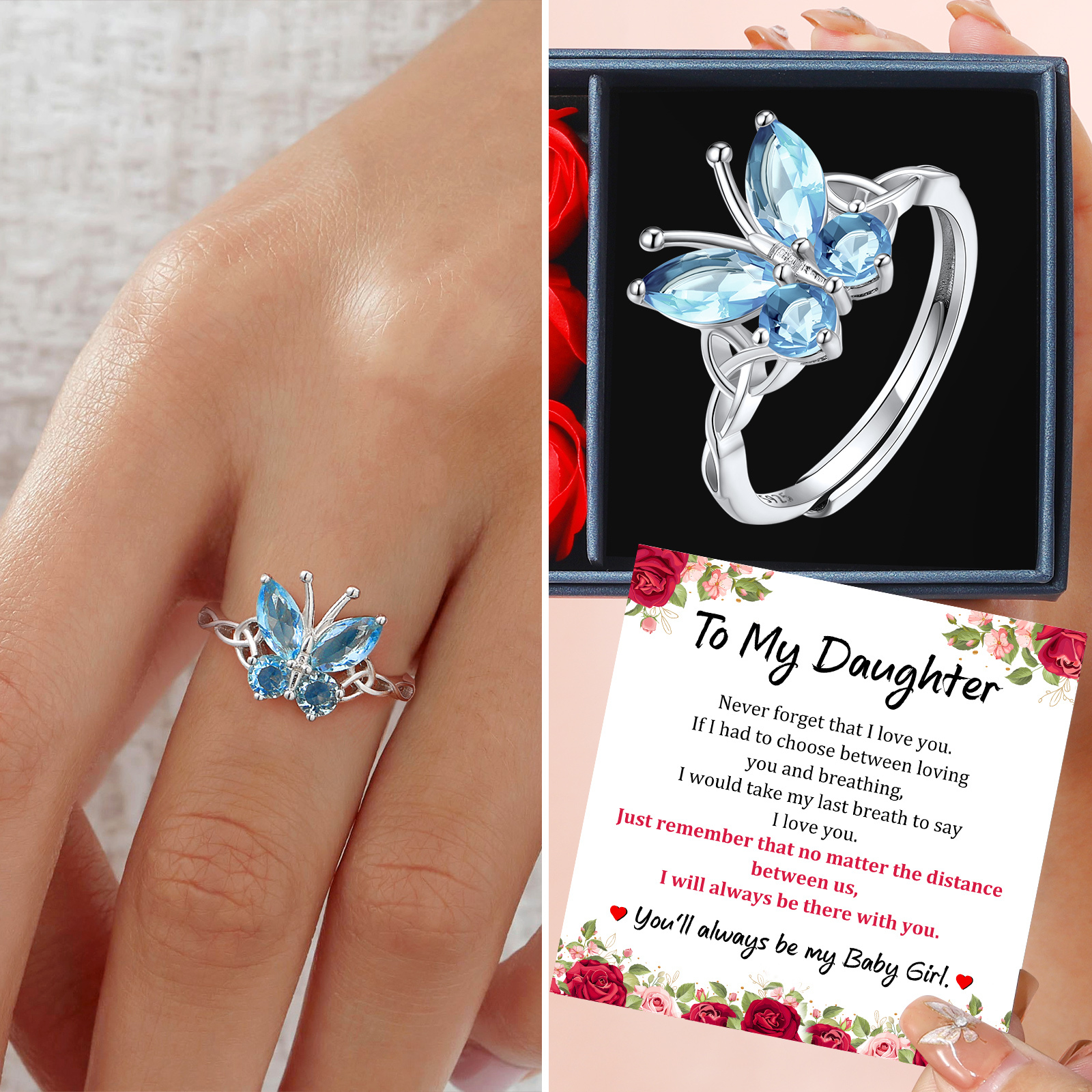 925 Sterling Silver Birthstone Butterfly Adjustable Ring for Women gift
