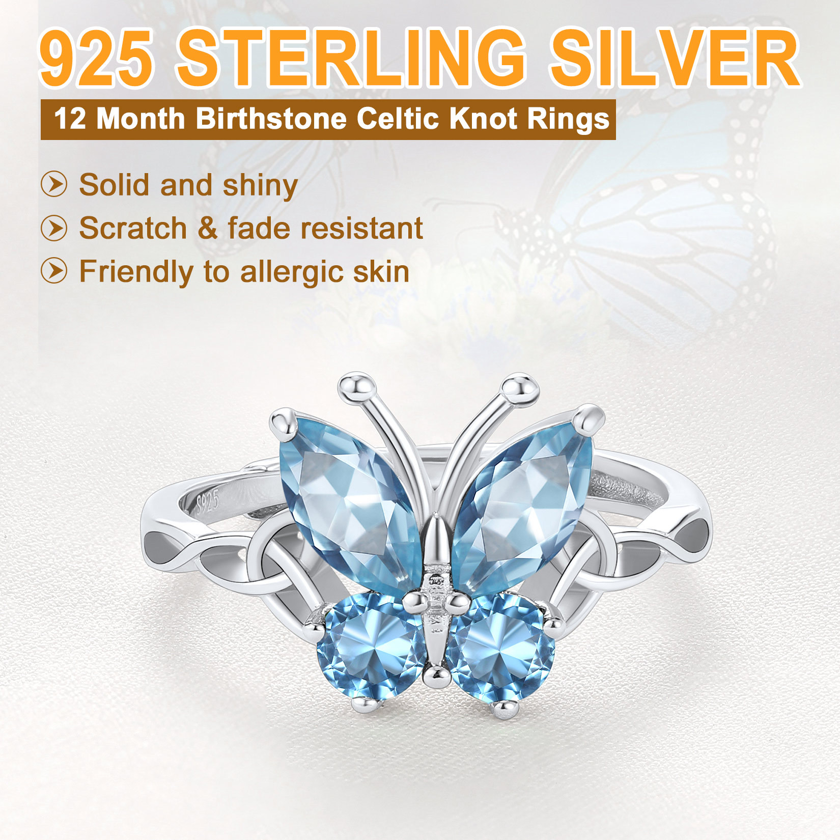  Birthstone Butterfly Adjustable Ring