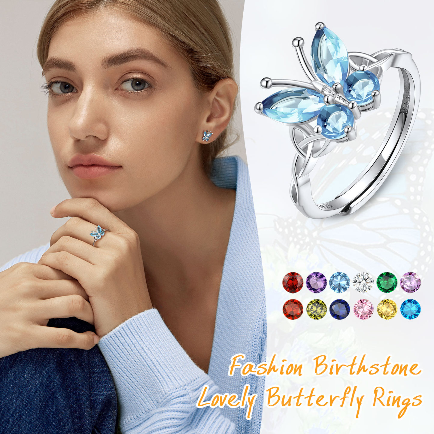  Birthstone Butterfly Adjustable Ring for Women model show