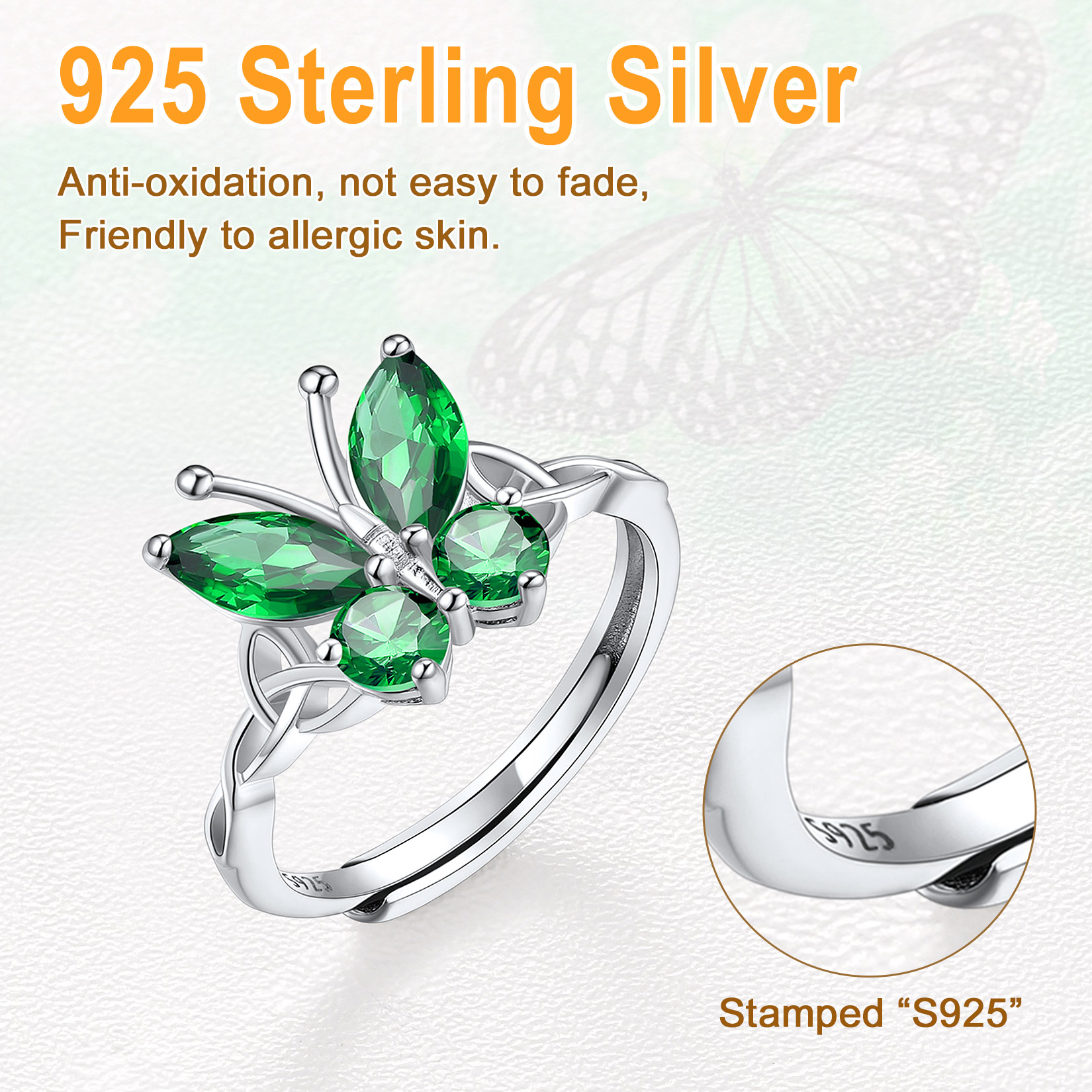 s925 Birthstone Butterfly Adjustable Ring for Women