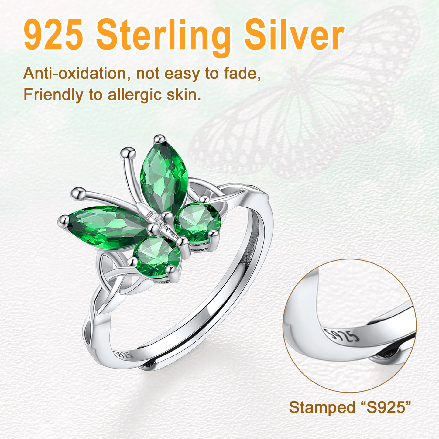s925 Birthstone Butterfly Adjustable Ring for Women