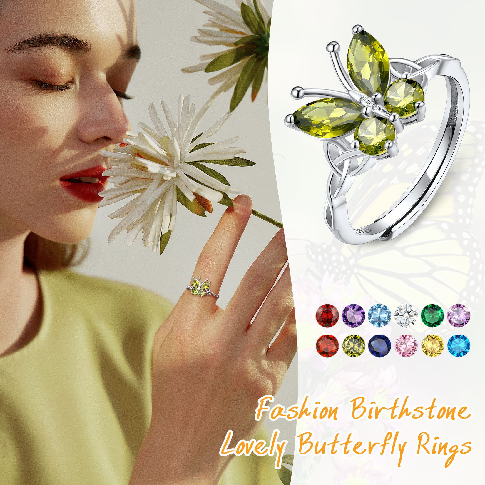 925 Sterling Silver Birthstone Butterfly Adjustable Ring model show