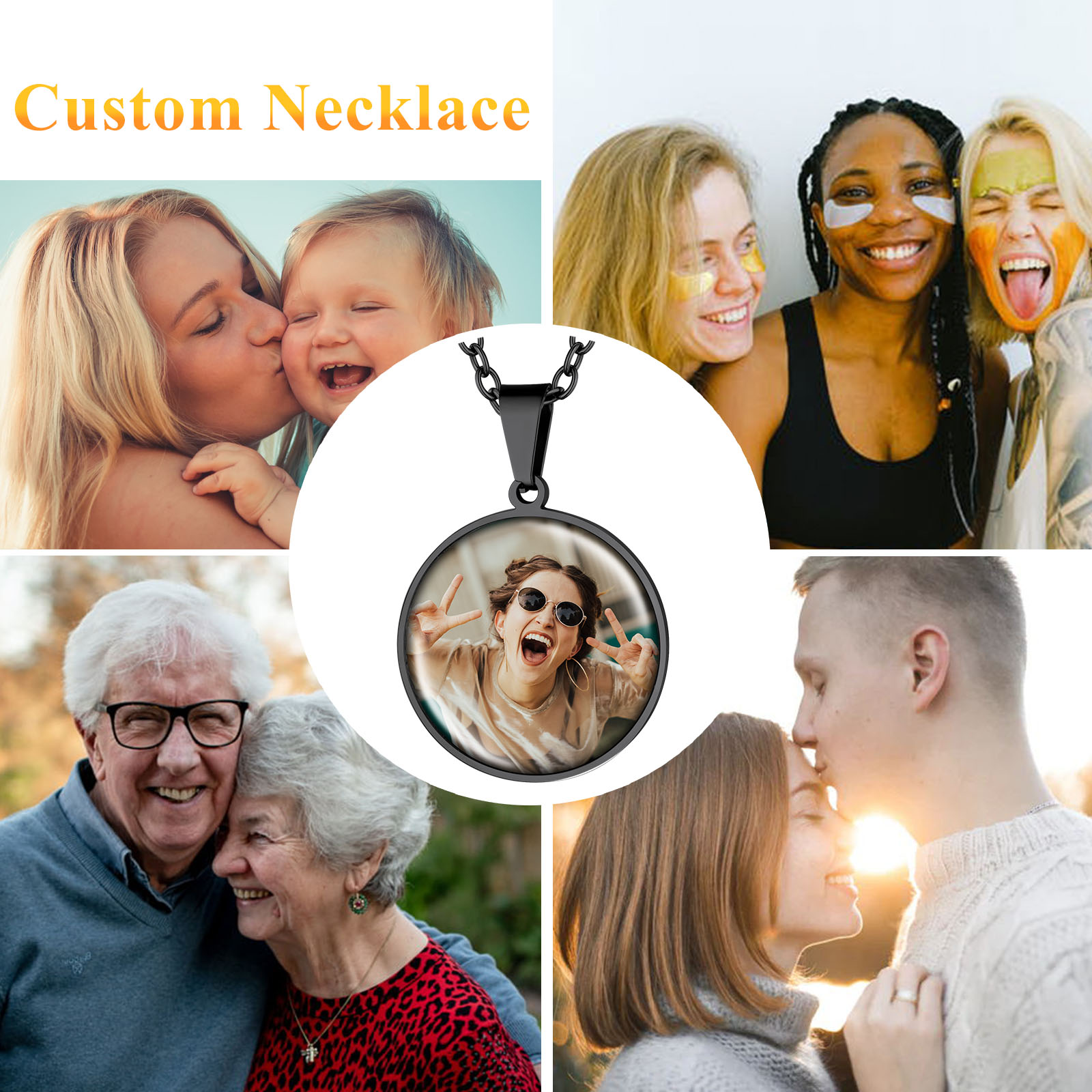 Personalized Photo Engraved Round Pendant Necklace for Men Women scene