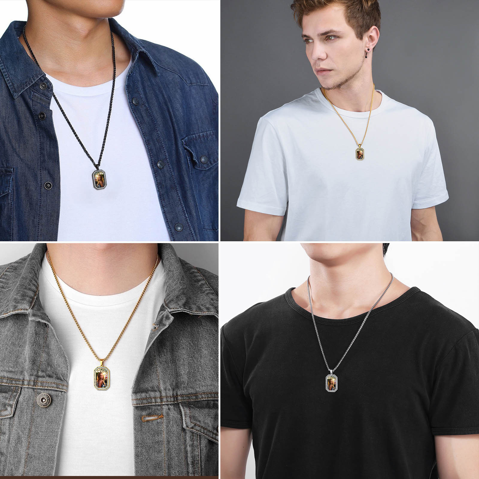 Personalized Photo CZ Pendant Necklace for Men Women model show
