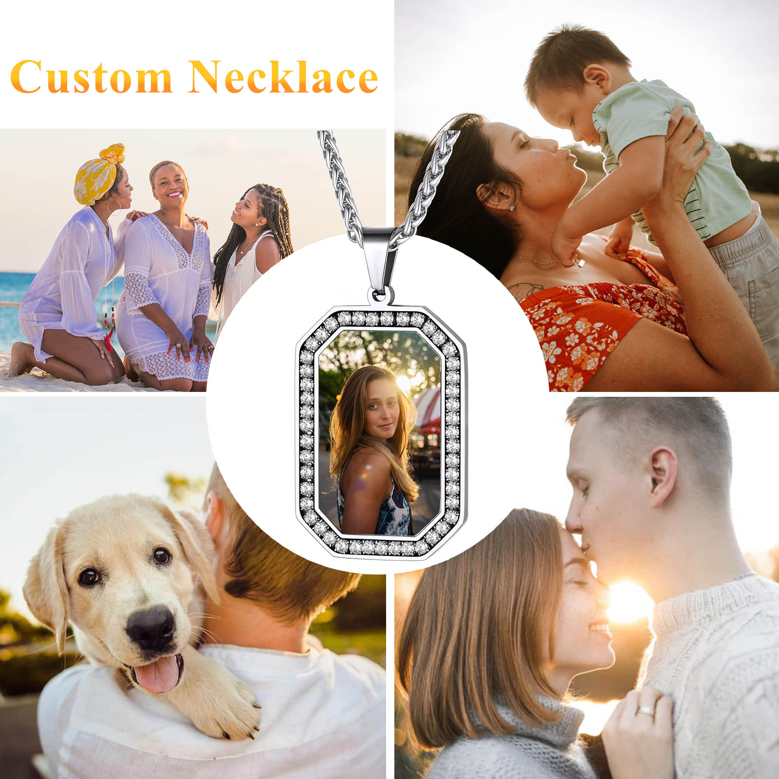 Personalized Photo CZ Pendant Necklace for Men 