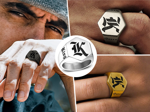 Personalized Engraved Hexagon Signet Rings for Men model show