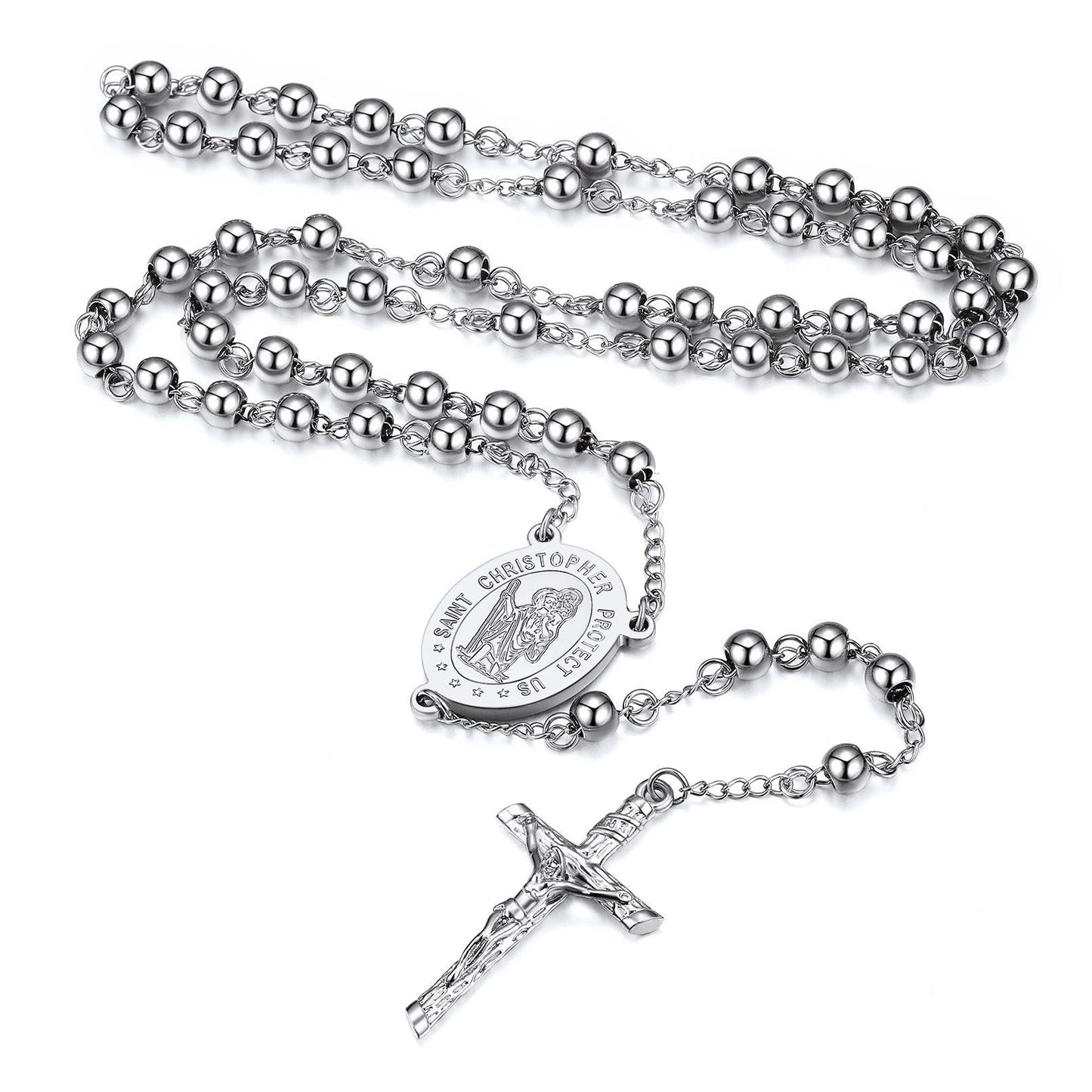 Saint Christopher Rosary Cross Necklace Silver