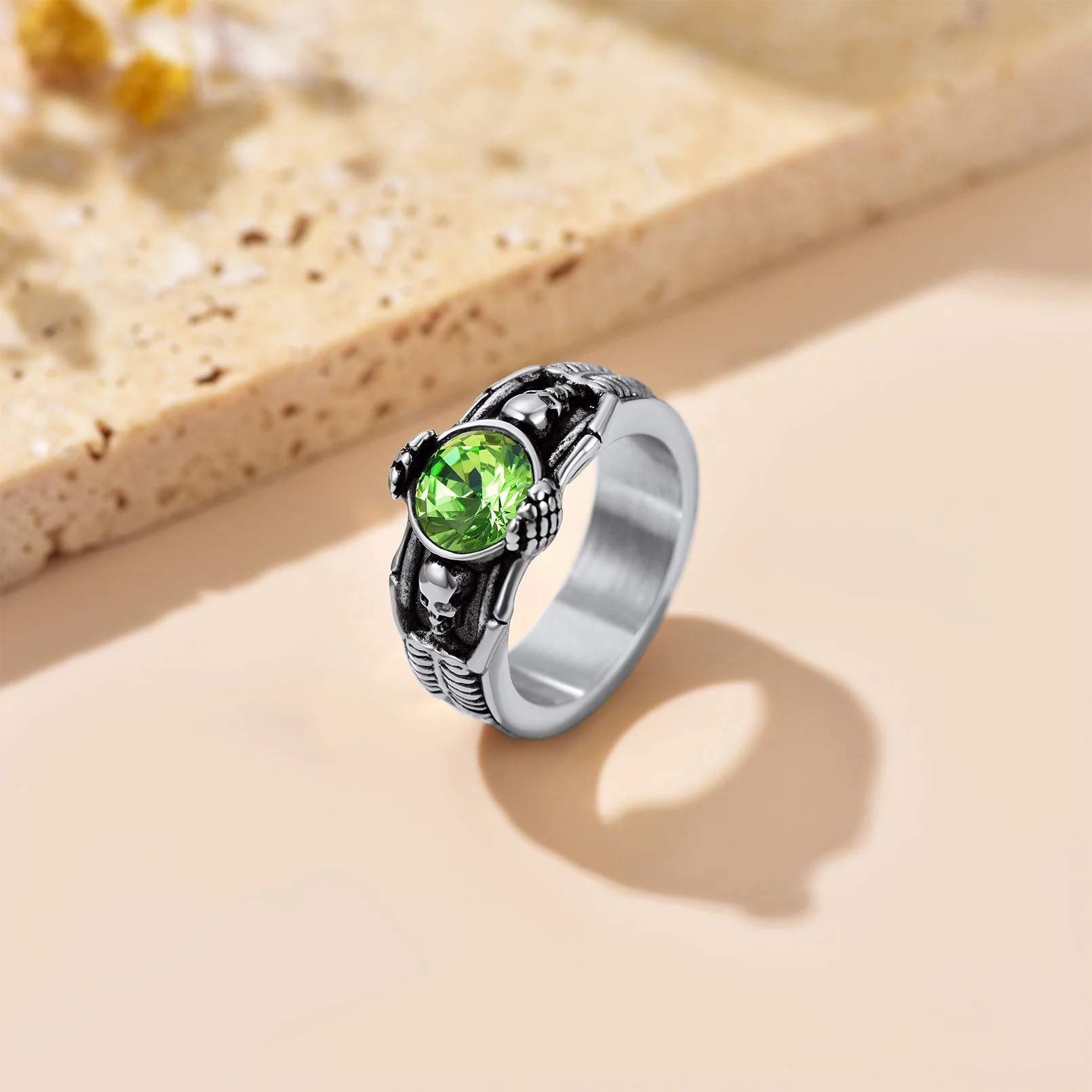 Engraving Skull Birthstone Ring