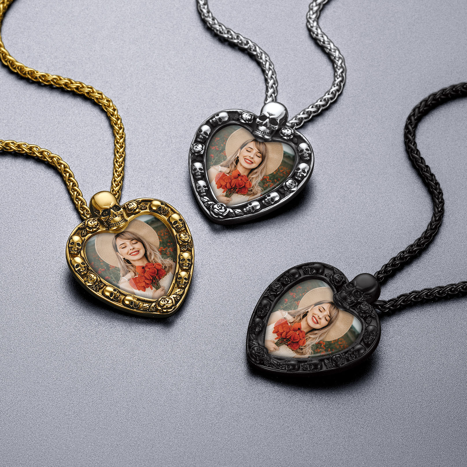 Skull Photo Heart Necklace   3 colors