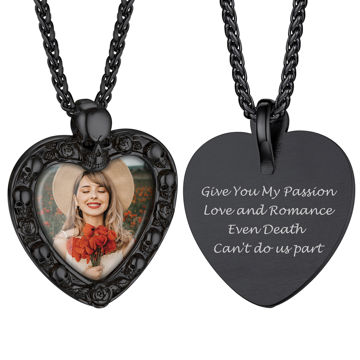 Skull Photo Heart Engraved Necklace Halloween Gifts for Women