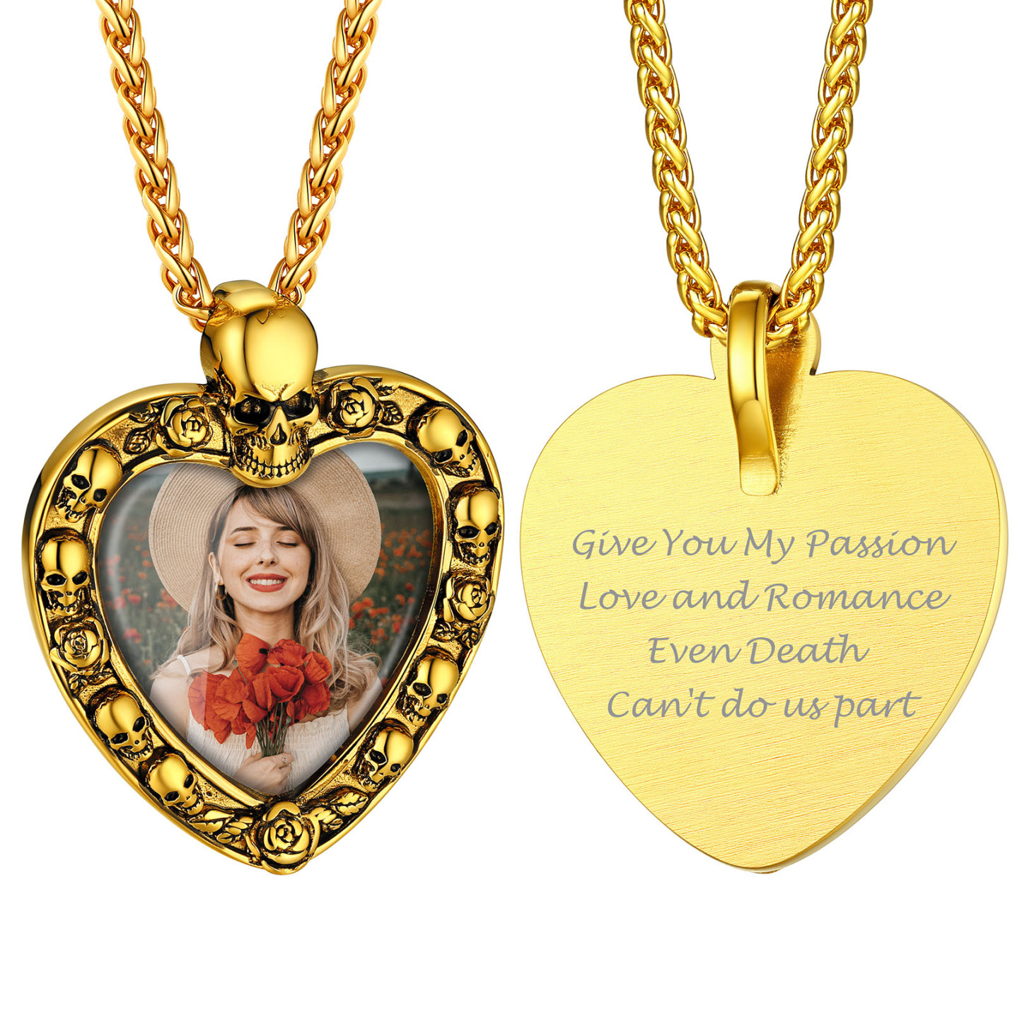 Skull Photo Heart Engraved Necklace Halloween Gifts for Women