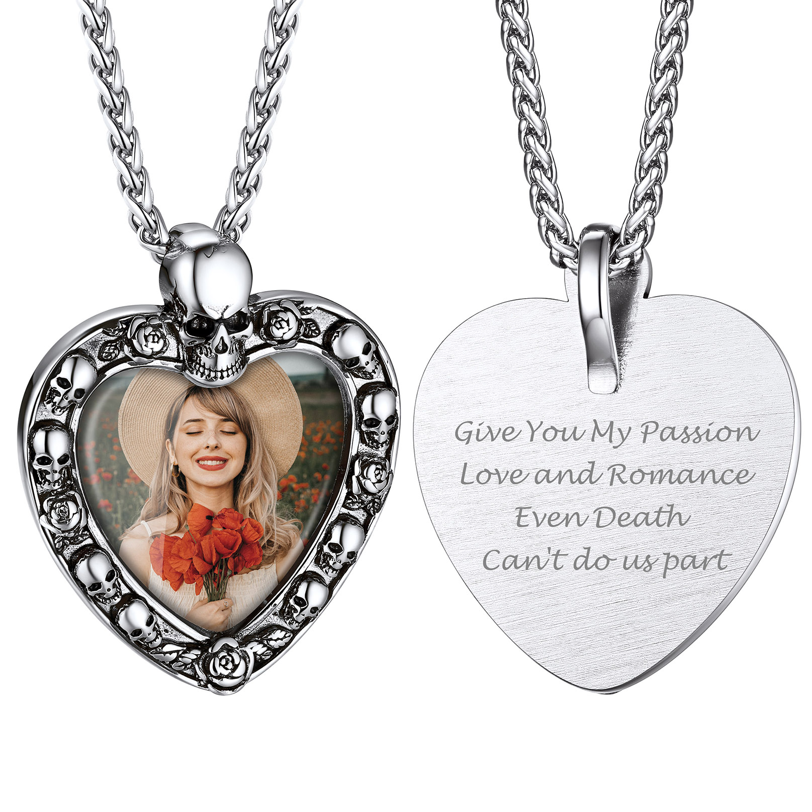 Skull Photo Heart Engraved Necklace Halloween Gifts for Women