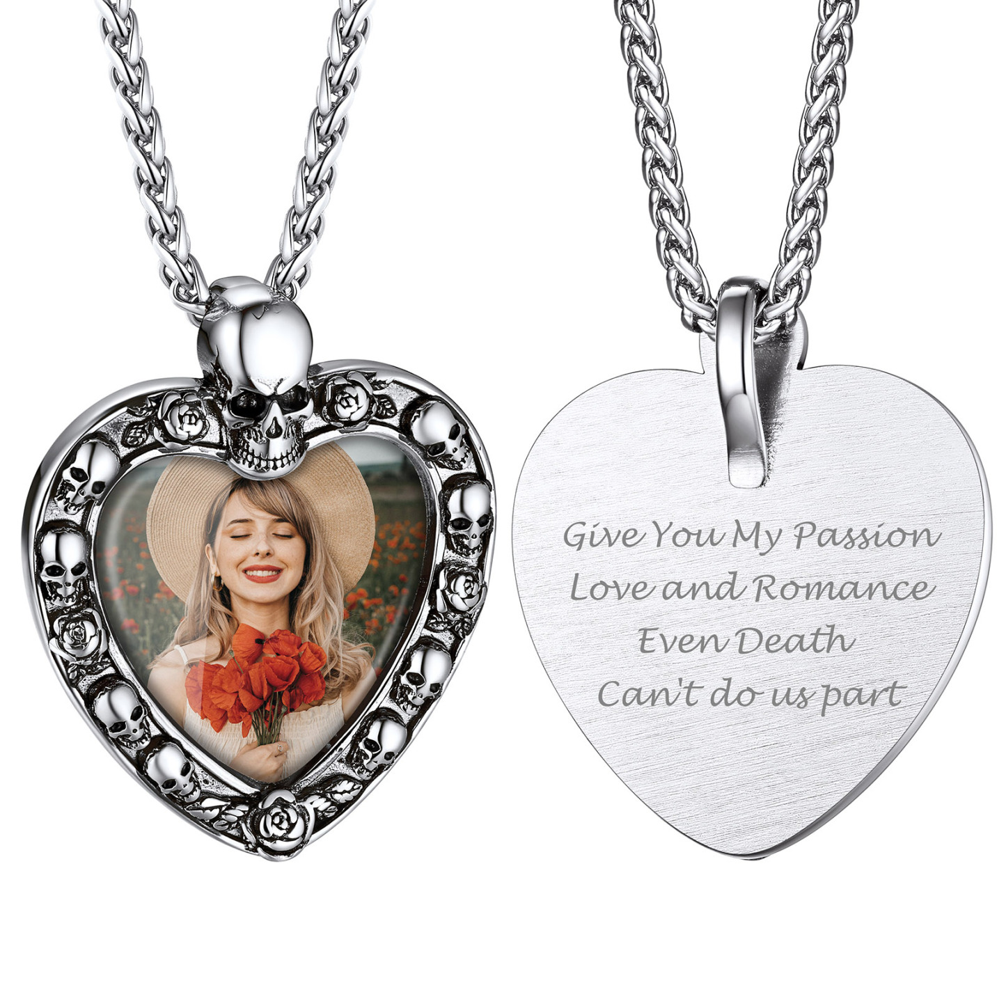 Skull Photo Heart Engraved Necklace Halloween Gifts for Women