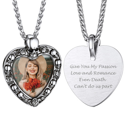 Skull Photo Heart Engraved Necklace Halloween Gifts for Women