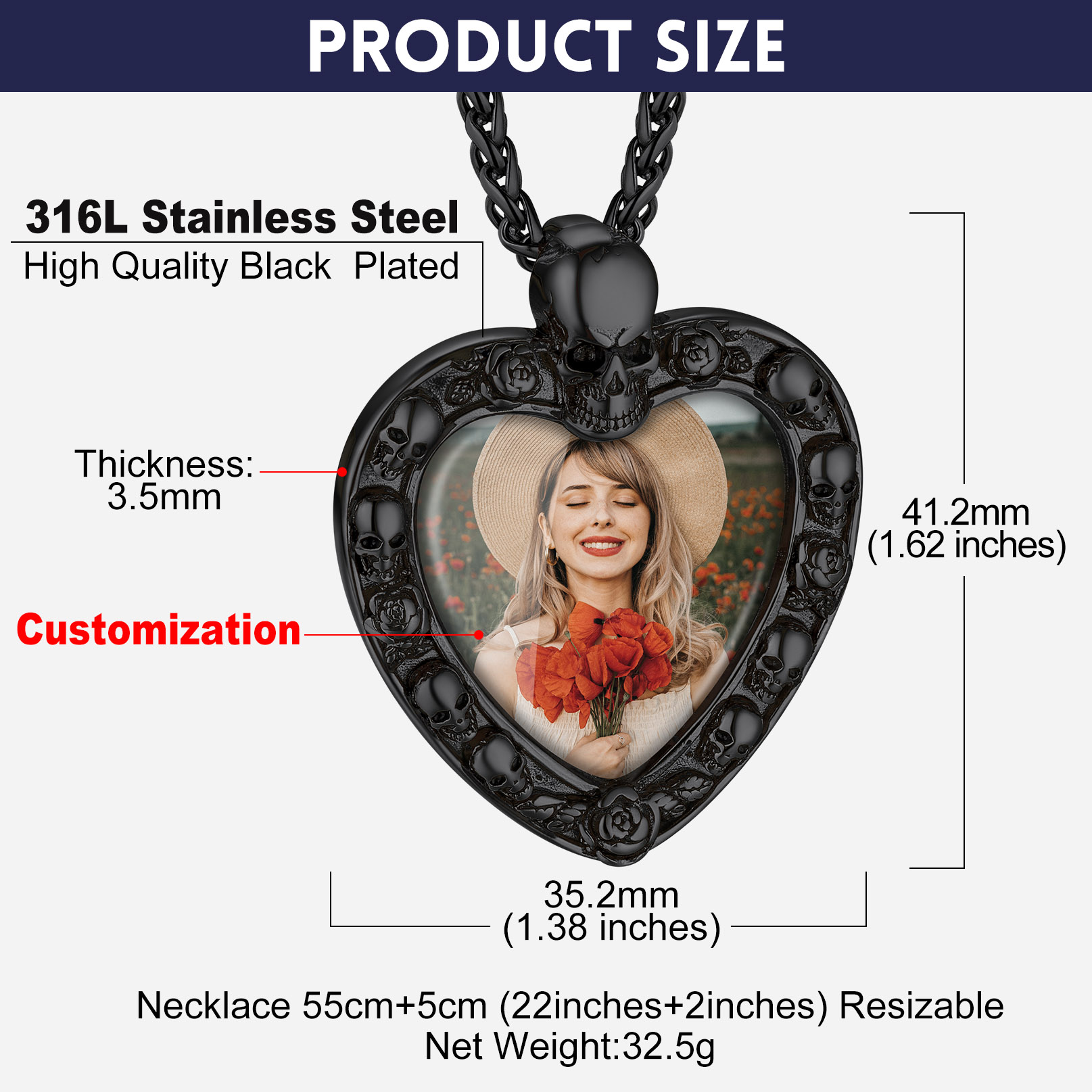 Skull Photo Heart Necklace  size