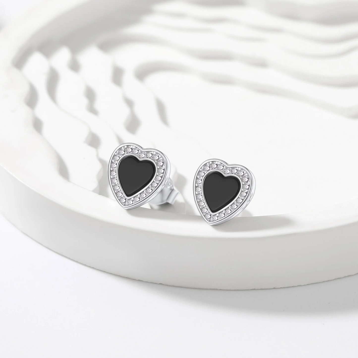 Sterling Silver Heart Black Onyx Stud Earrings