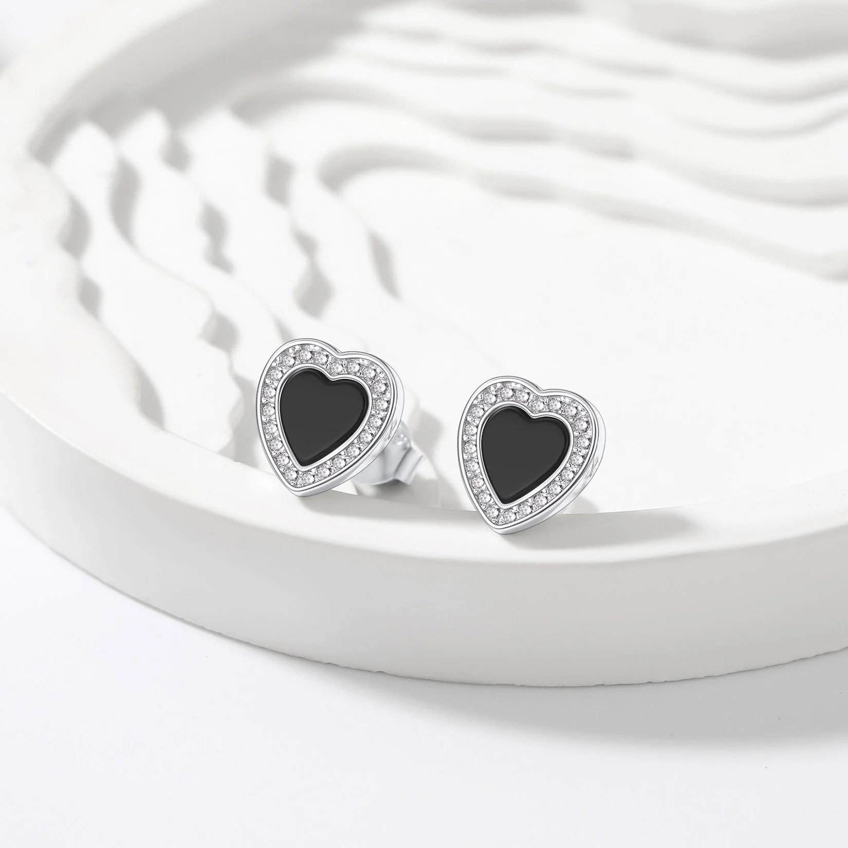Sterling Silver Heart Black Onyx Stud Earrings