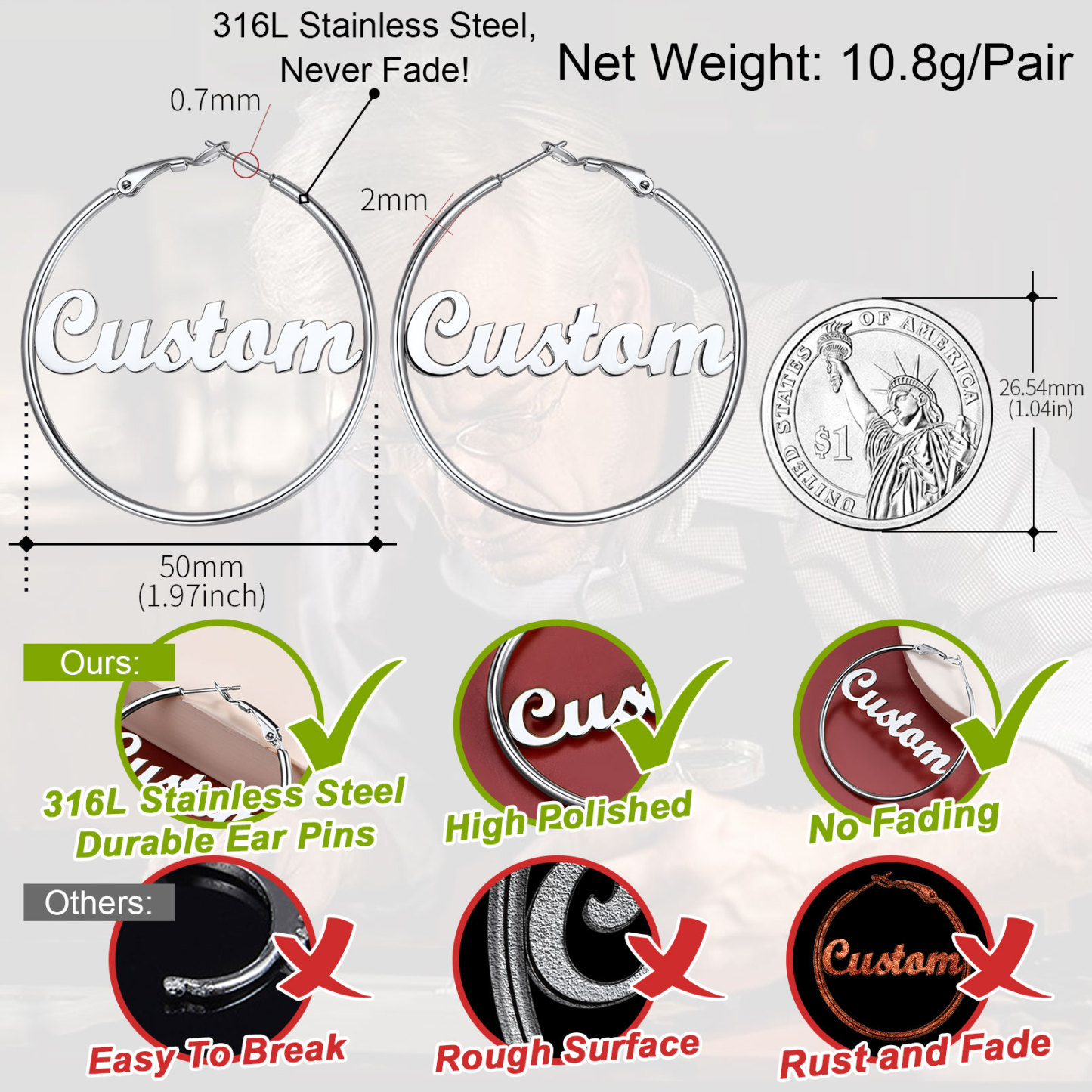 Personalized Name Lightweight Large Hoop Earrings 40/50/70mm high quality