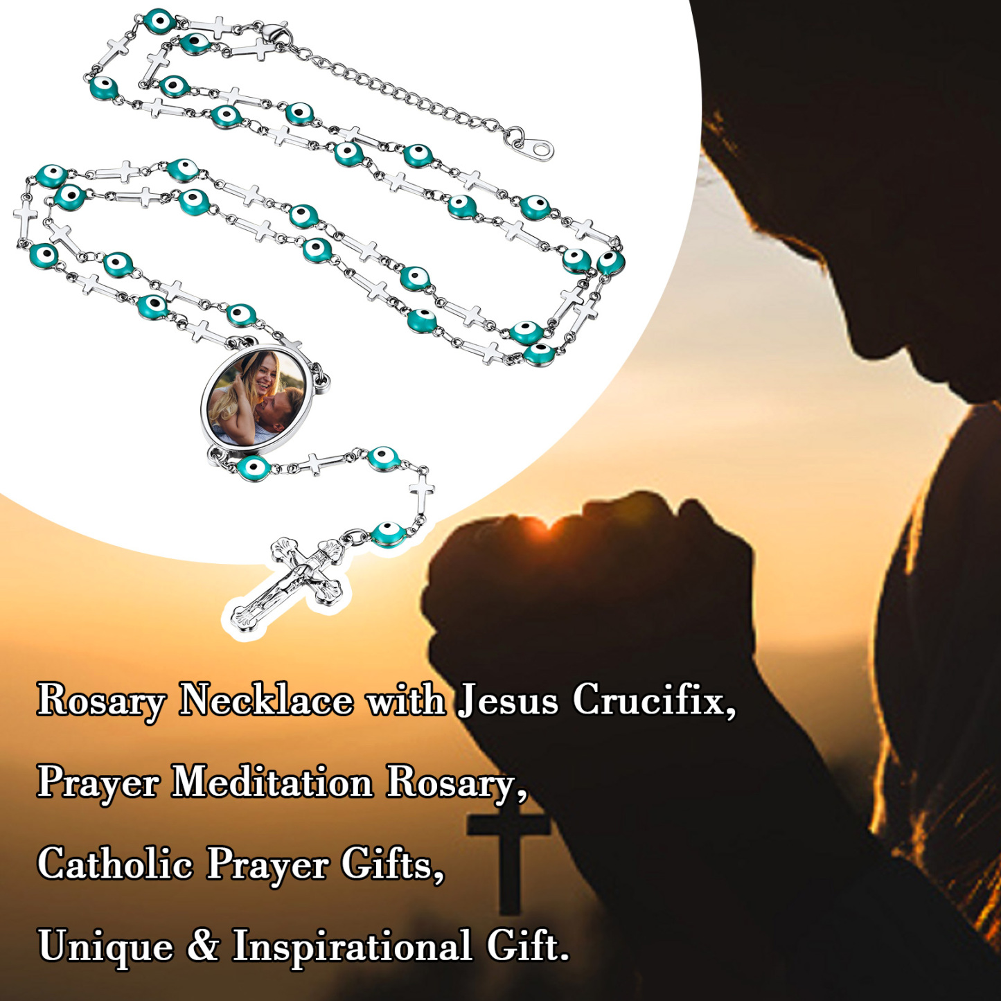 Personalized Photo Rosary Cross Necklace for Women Men 
