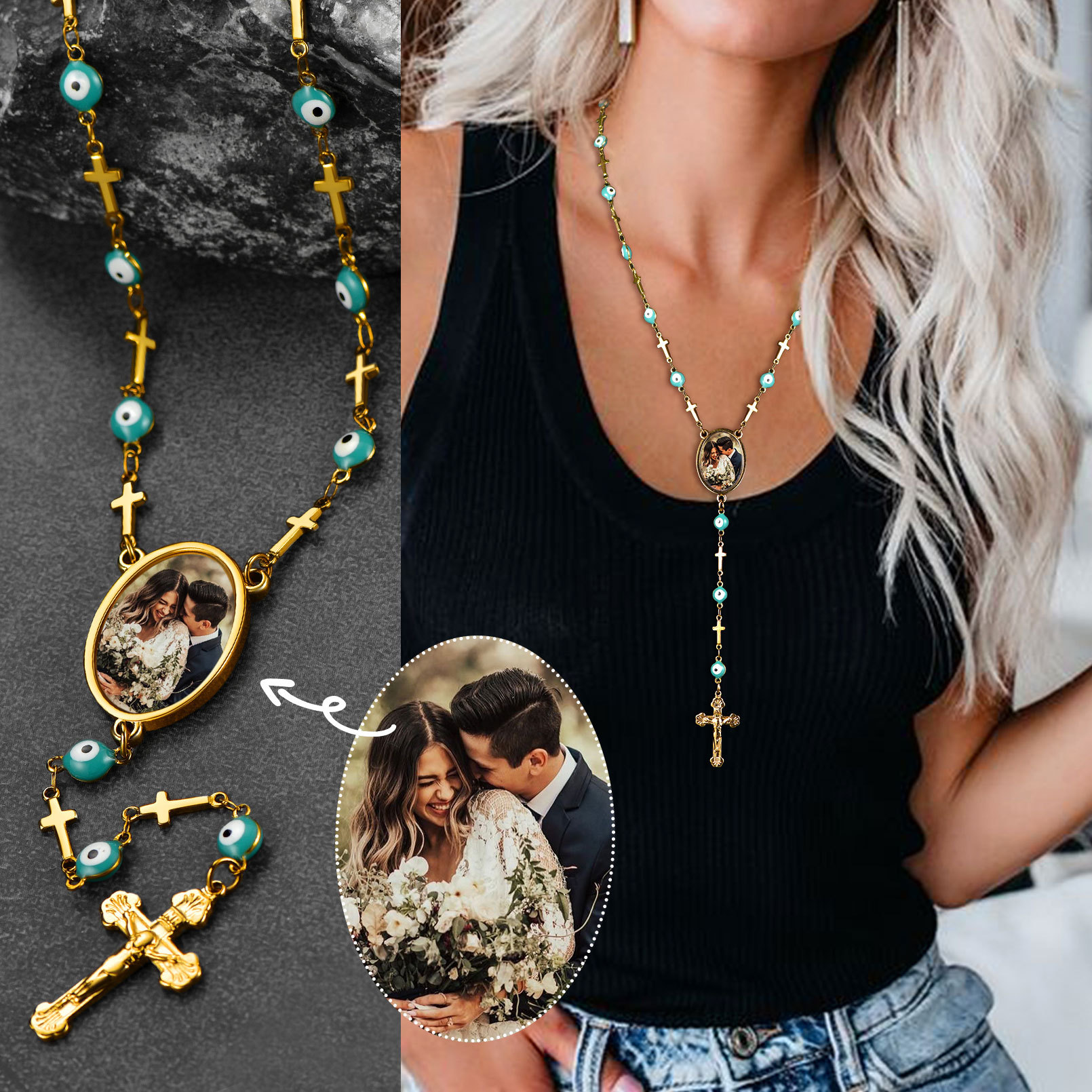 Personalized Photo Rosary Beads Catholic Cross Necklace model show