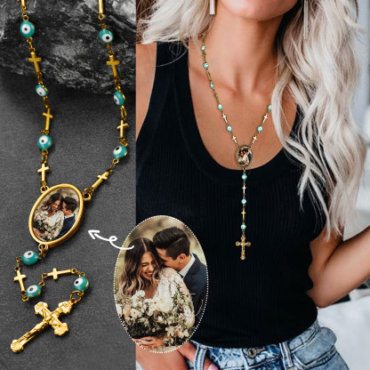 Personalized Photo Rosary Beads Catholic Cross Necklace model show