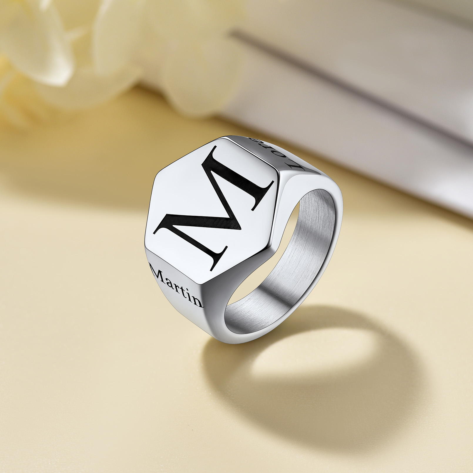 Personalized Engraved Hexagon Signet Rings for Men silver