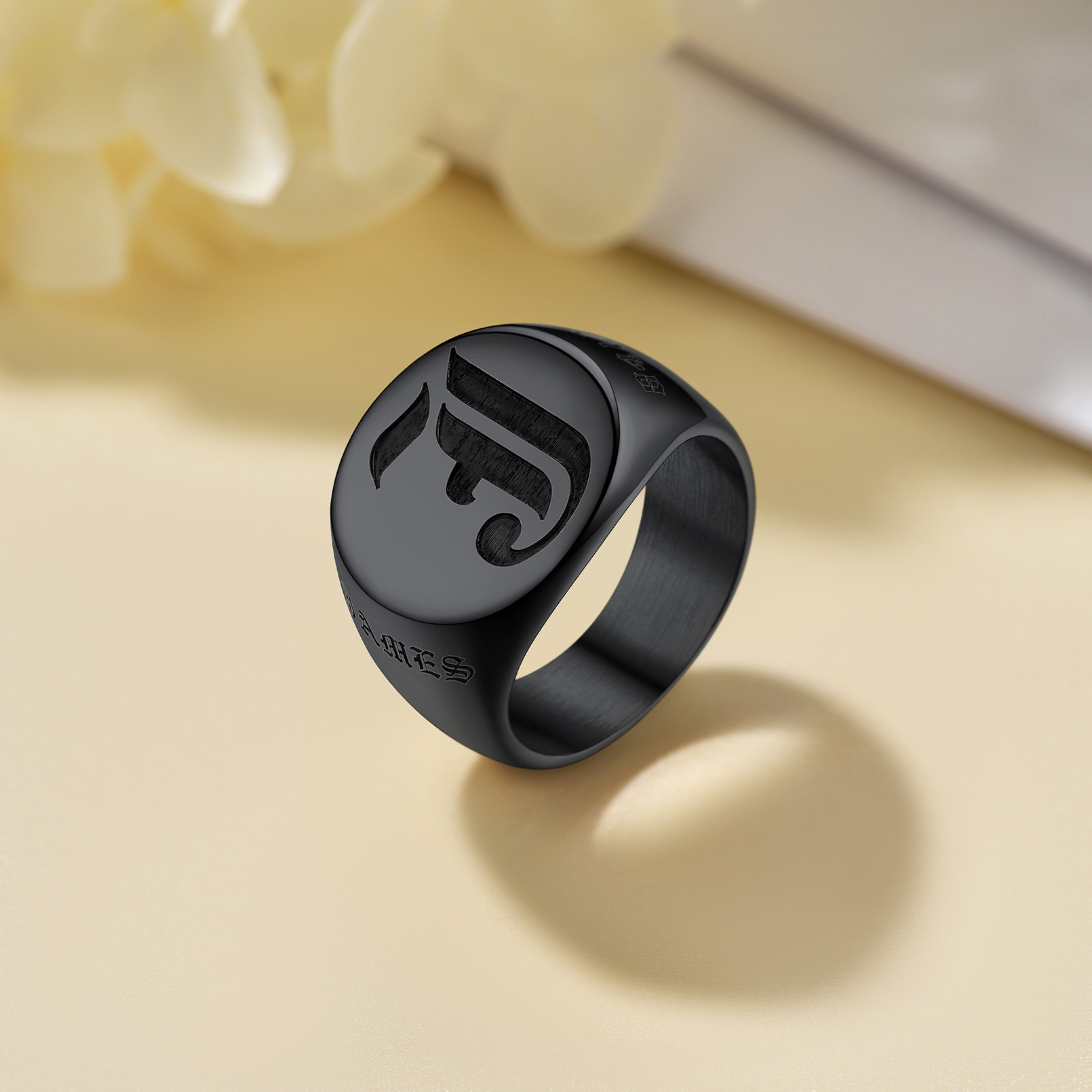 Custom Name Oval Signet Ring for Men Memorial Gifts occasion black