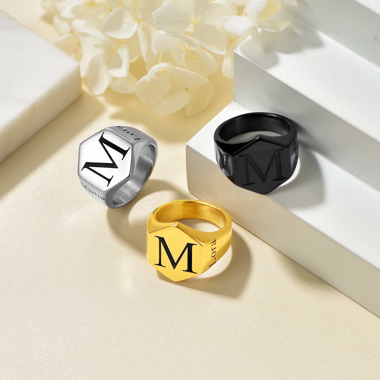 Personalized Engraved Hexagon Signet Rings for Men collection