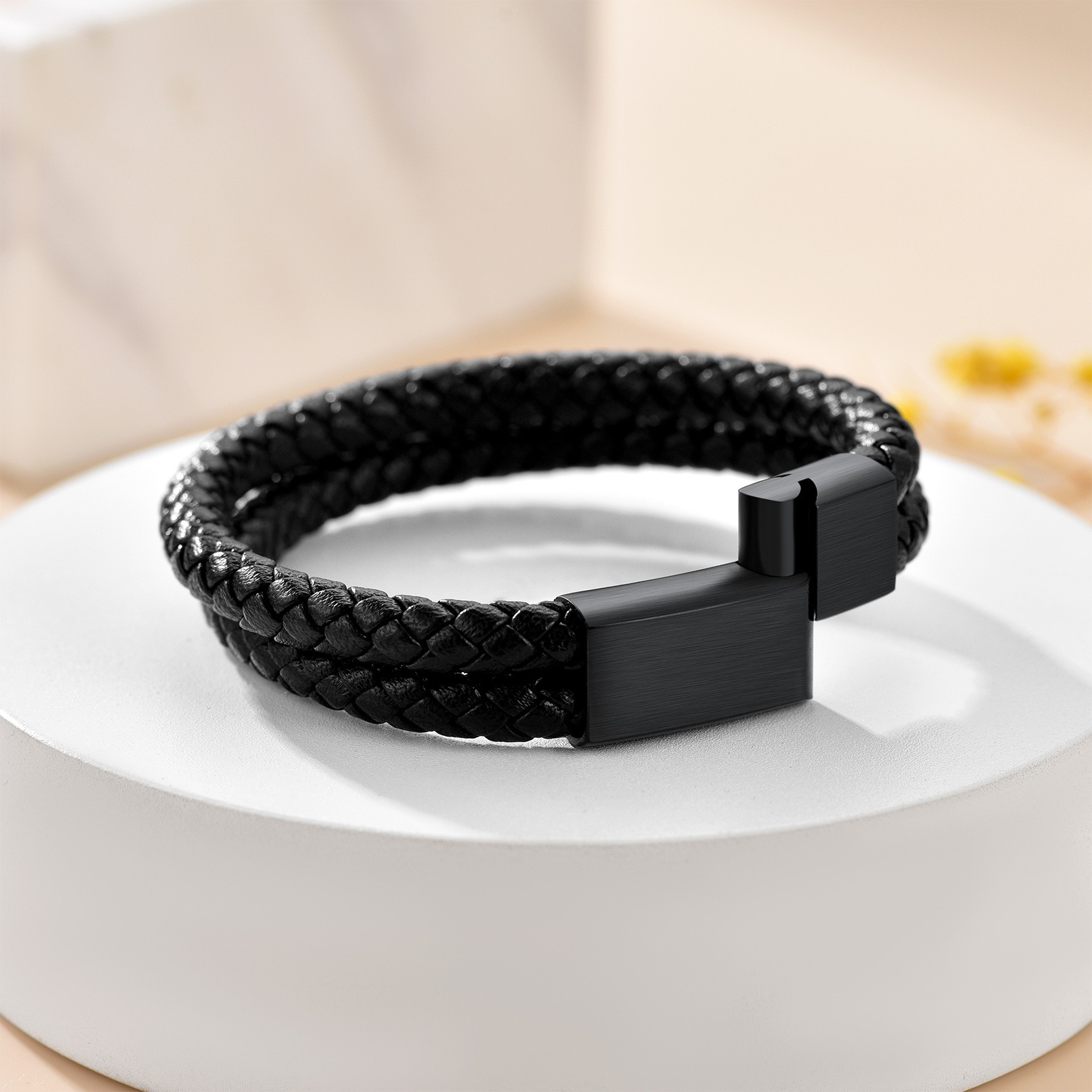 Custom Engraved Double Braided Leather Bracelet black