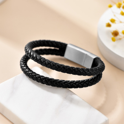 Custom Engraved Double Braided Leather Bracelet  silver