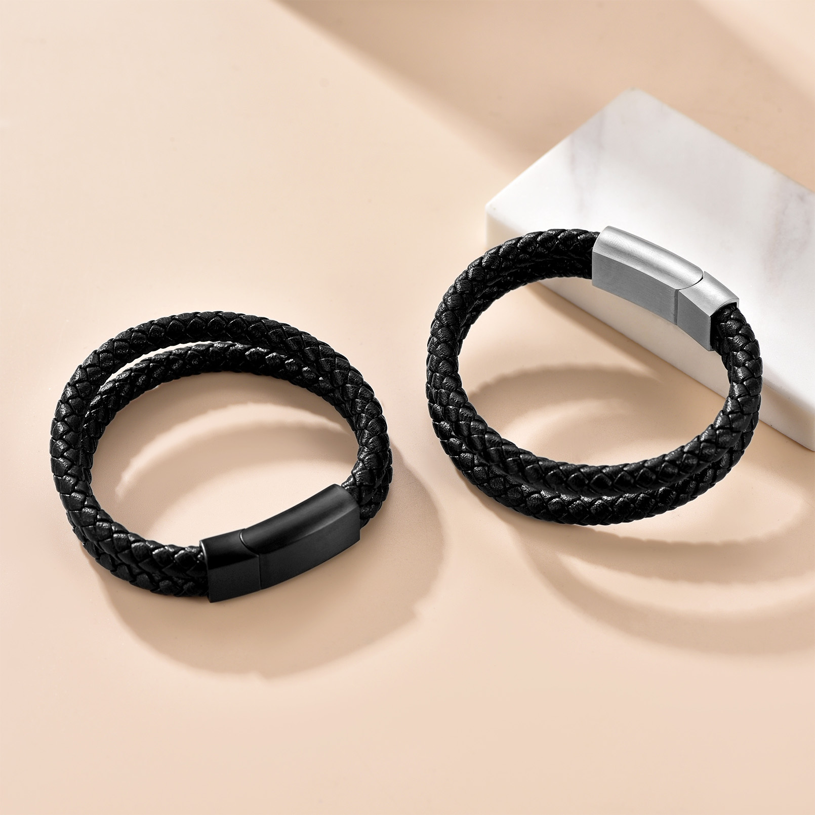 Custom Engraved Double Braided Leather Bracelet for Men collection different style