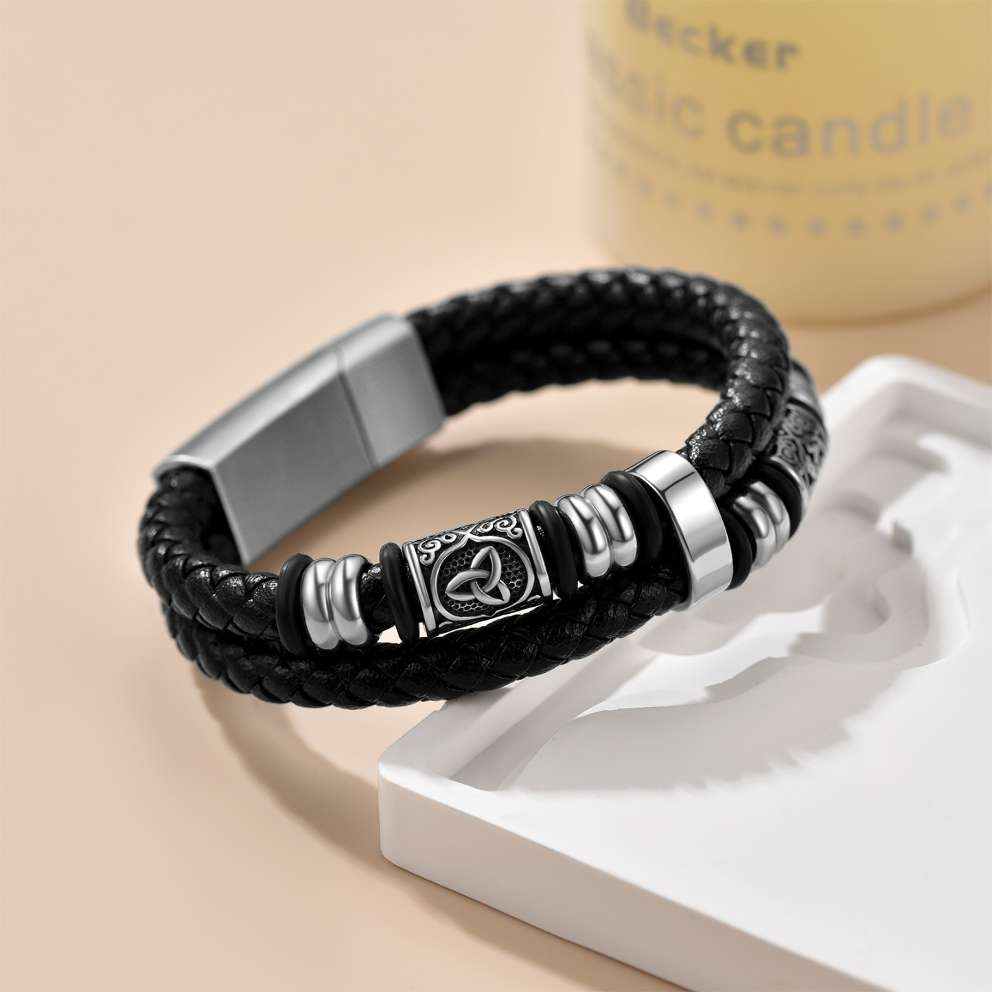 Personalized Braided Leather Bracelet with Name for Men Silver Back