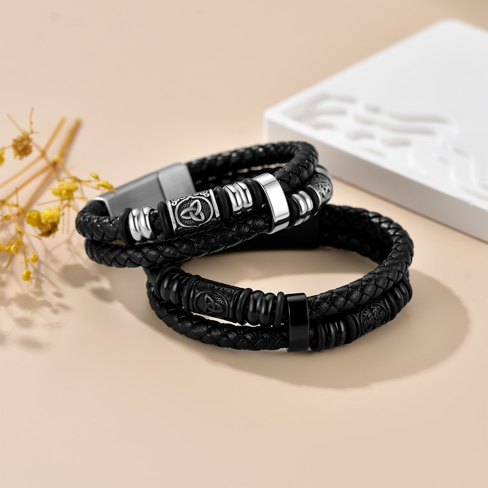 Personalized Braided Leather Bracelet with Name for Men Silver and Black
