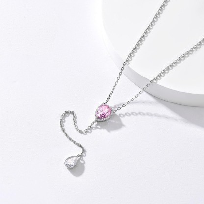 Birthstone Sterling Silver CZ Teardrop Lariat Necklace for Women  detail