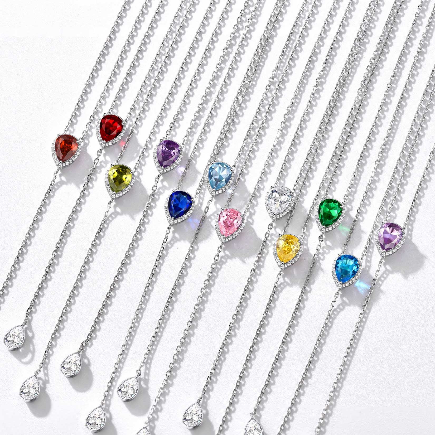 Birthstone Sterling Silver CZ Teardrop Lariat Necklace for Women  color
