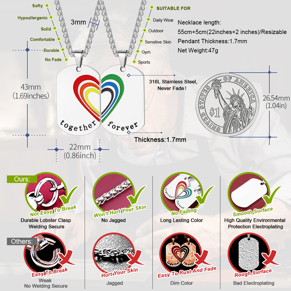 Personalized Engraved Dog Tag Rainbow Necklace for Couple detail