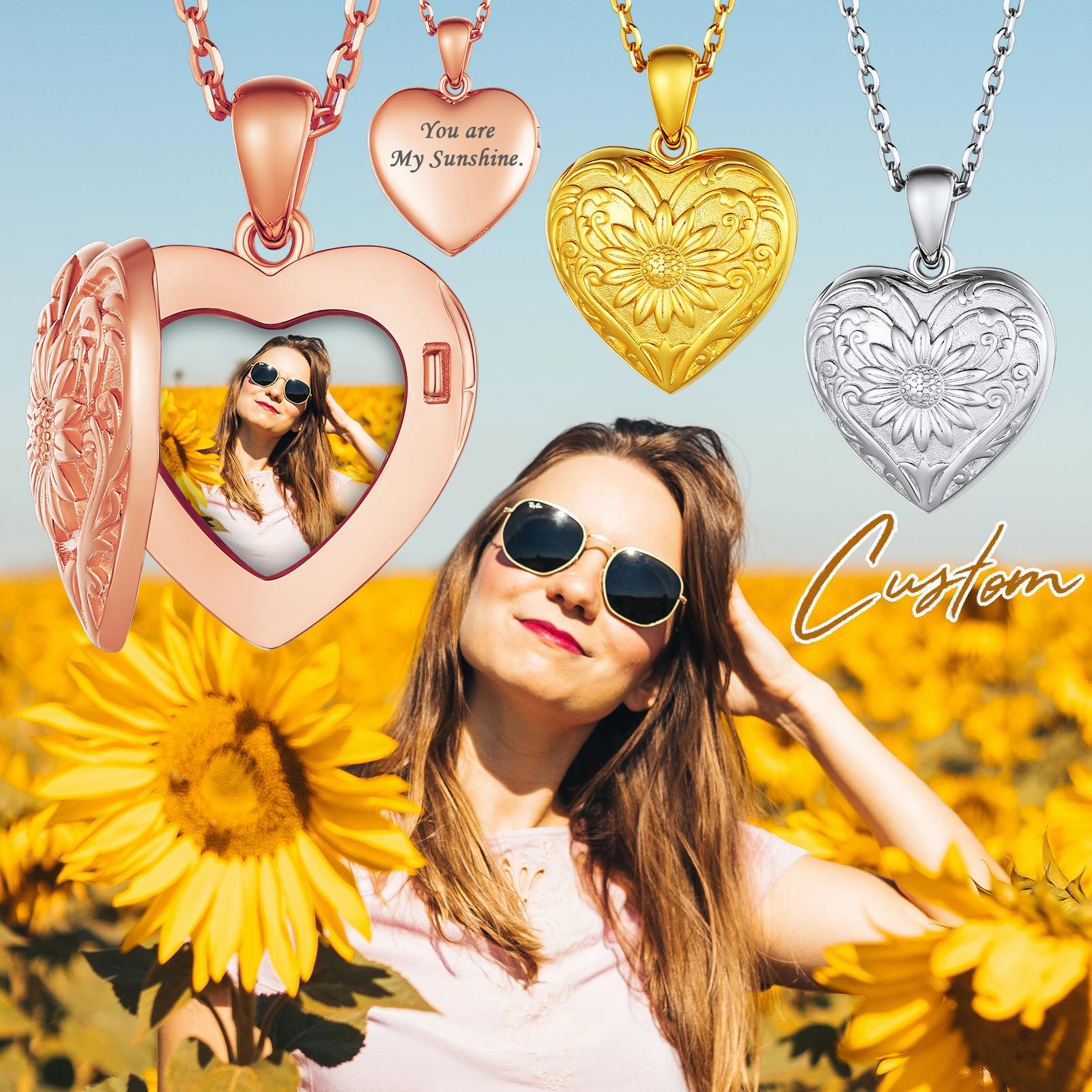 Photo Sunflower Heart Shape Locket Necklace for Women