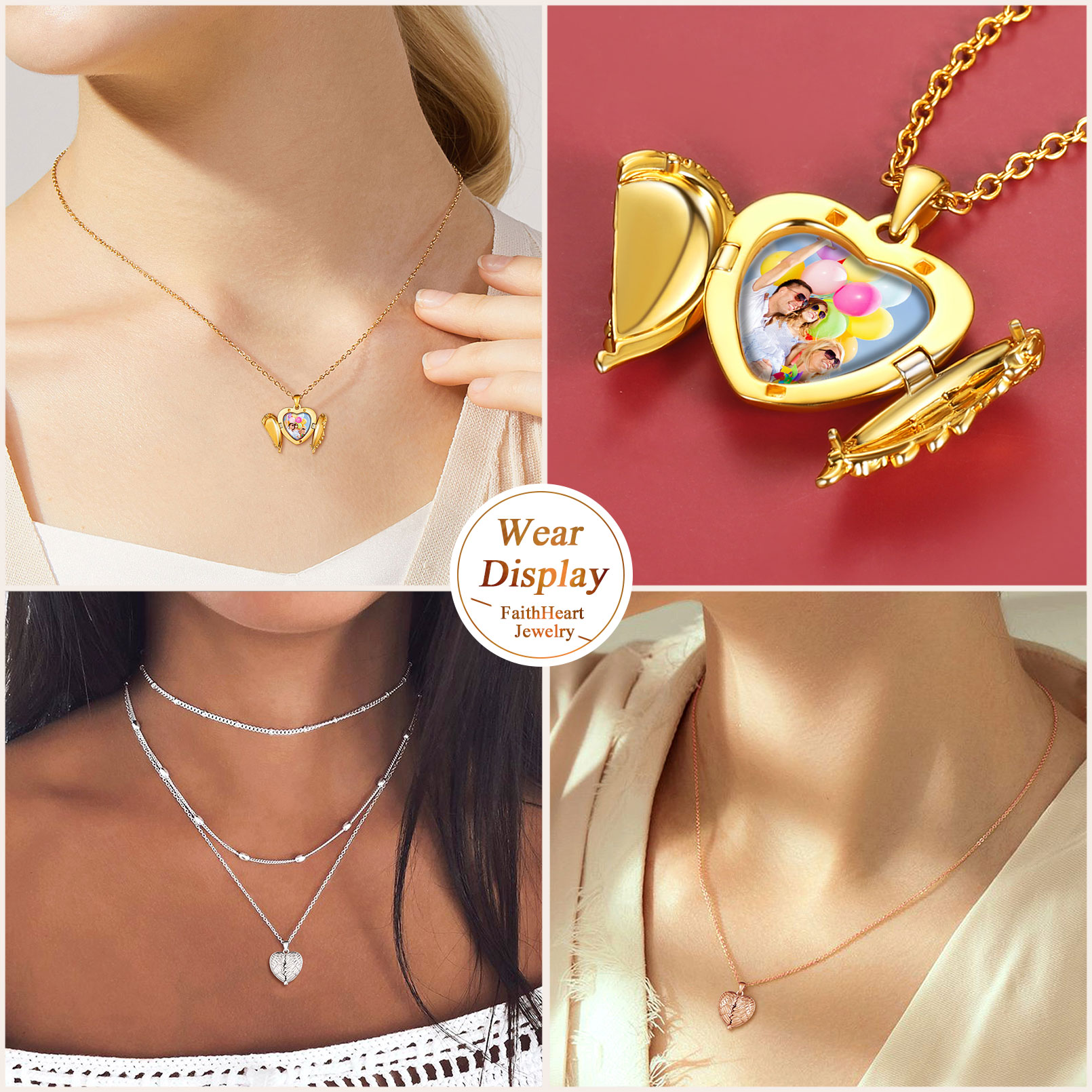 Personalized Heart Angel Wings Locket Necklace with Pictures