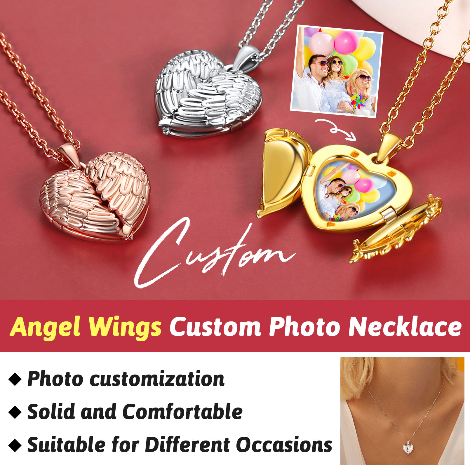 Personalized Heart Angel Wings Locket Necklace with Pictures
