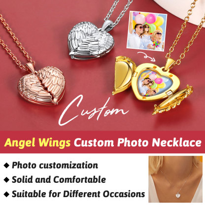 Personalized Heart Angel Wings Locket Necklace with Pictures