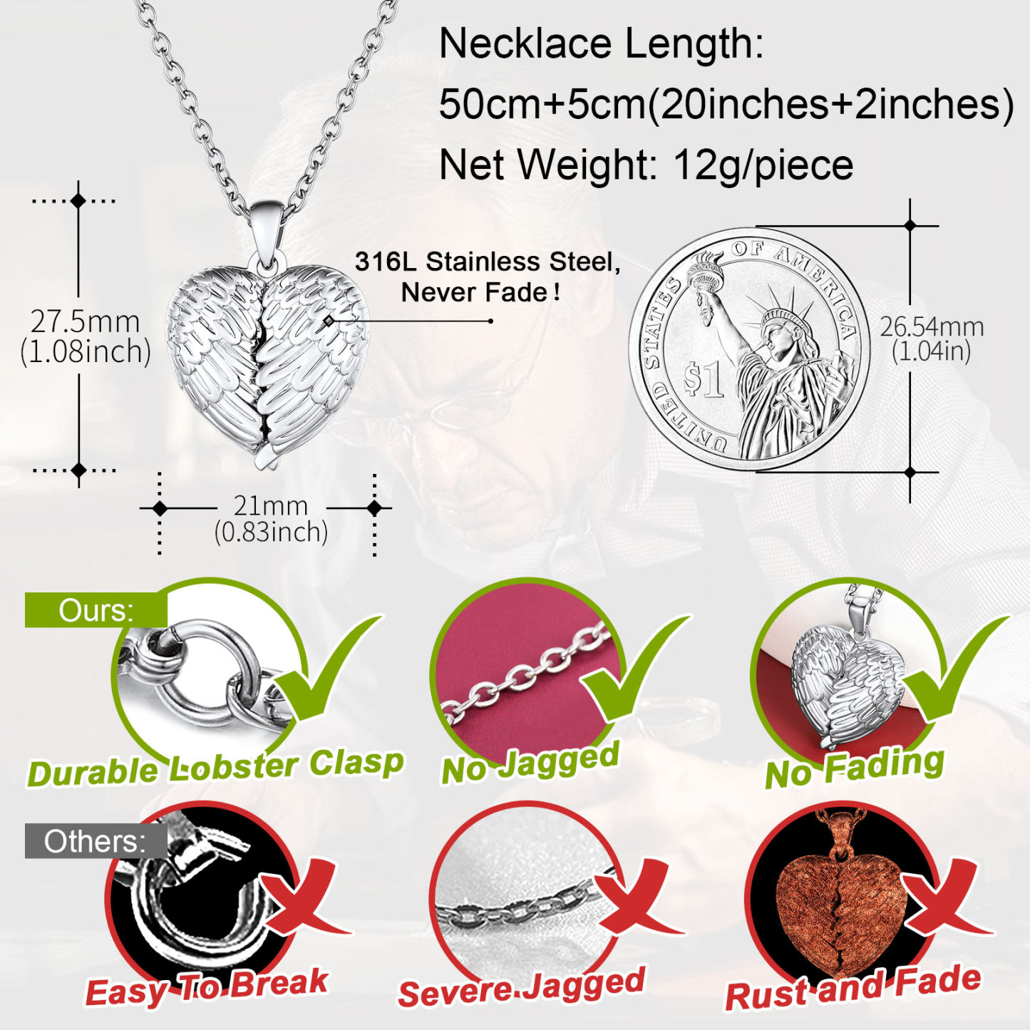 Personalized Heart Angel Wings Locket Necklace with Pictures
