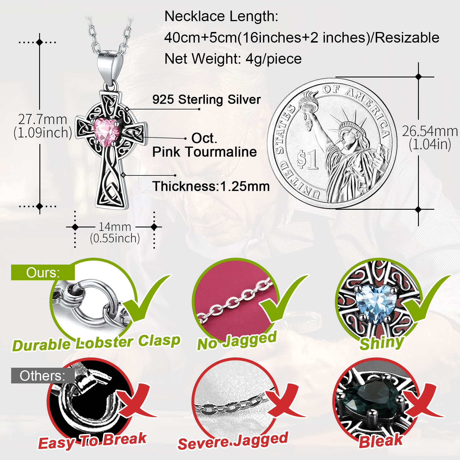 Silver Birthstone Cross Pendant Necklace for Women detail