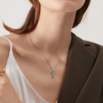 Silver Birthstone Cross Pendant Necklace for Women MODEL