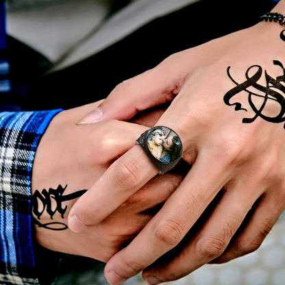 Personalized Celtic Knot Round Signet Ring with Picture for Men model black