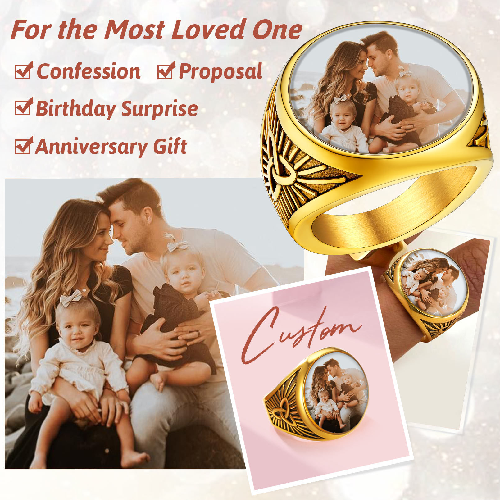 Personalized Celtic Knot Round Signet Ring with Picture for lover