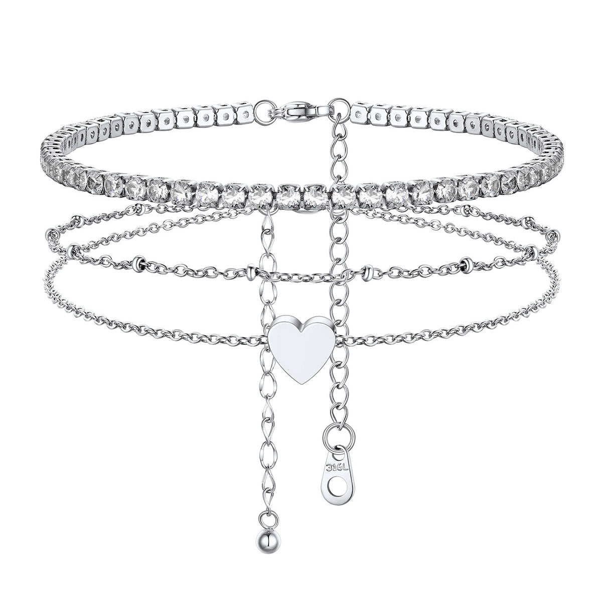Tennis Beaded Heart Chain Anklet Set for Women