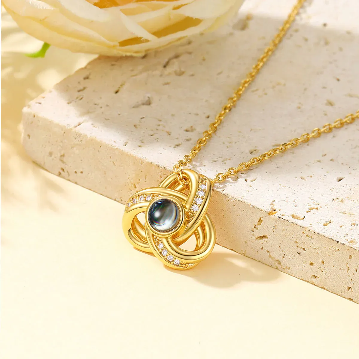 Triple Love Knot Photo Projection Necklace Gold Plated
