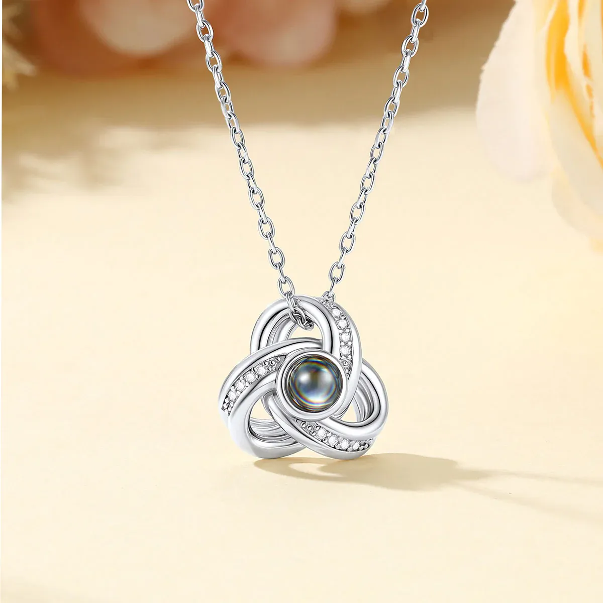 Triple Love Knot Photo Projection Necklace White Gold Plated